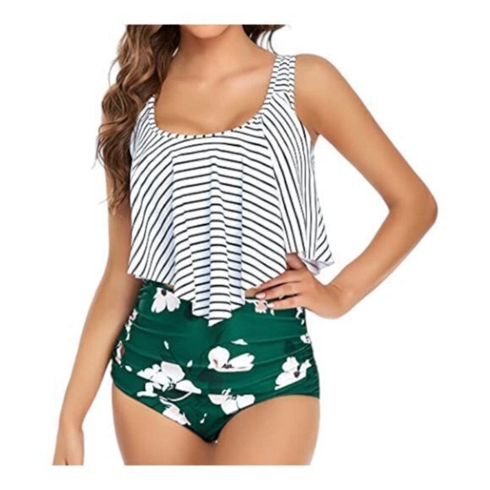 Women's Striped Ruffle Top Green Floral HIgh Rise Ruched Swimsuit Size XL NWT